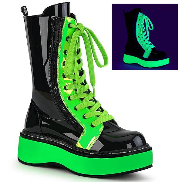 Demonia Women's Emily-350 Platform Mid Calf Boots - Black UV Neon Green D1560-84US Clearance